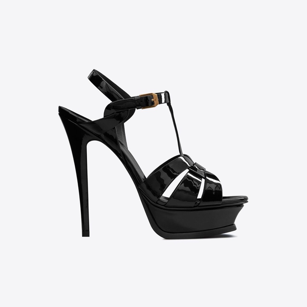 SAINT LAURENT Tribute Patent Leather Platform Sandals 105mm, Black,Sz 41/11, NEW